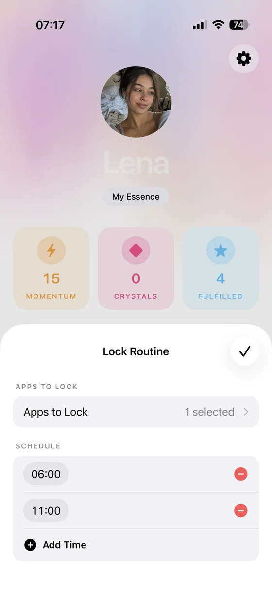 Maani Lock Routine settings showing selected apps and ritual schedule